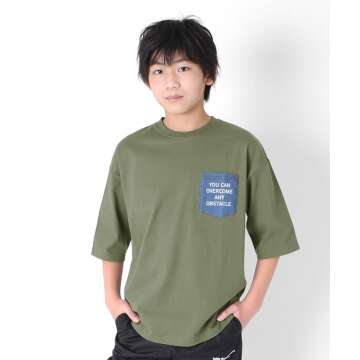 【GLAZOS】【おまとめ買い割対象】★セール★ドロップショルダー・デニムポケット5分袖Tシャツ[3色展開]