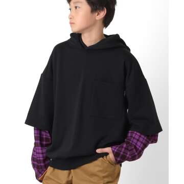 【GLAZOS】★セール★裏毛・チェック袖レイヤードビッグパーカー[3色展開]